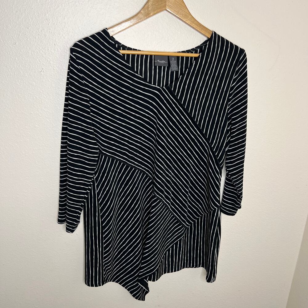 Travelers by Chico's Black White Stripe Asymmetrical Tunic Size 2 Medium